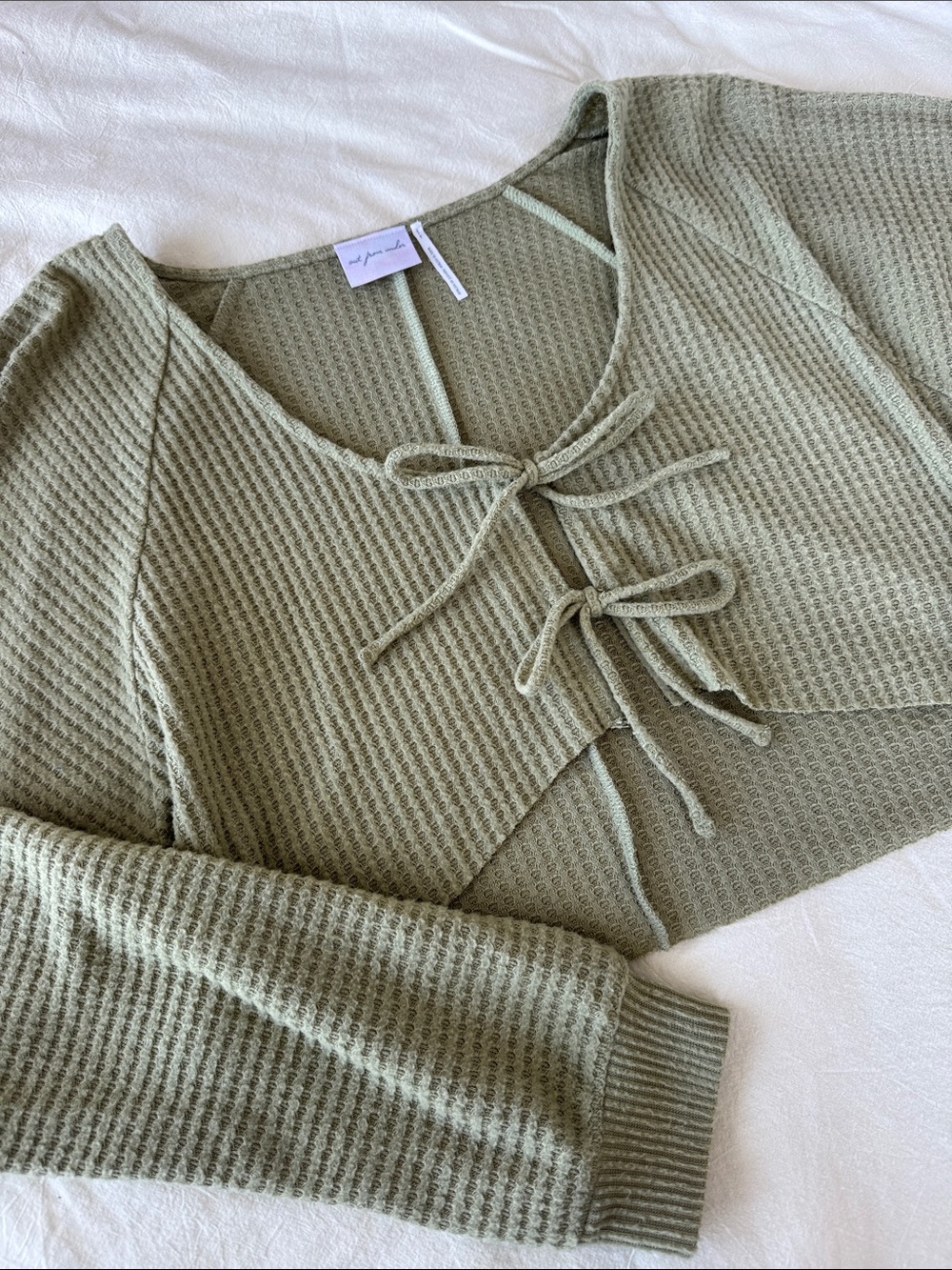 Urban Outfitters Olive Green Waffle Knit Tie-Front Cropped Sweater